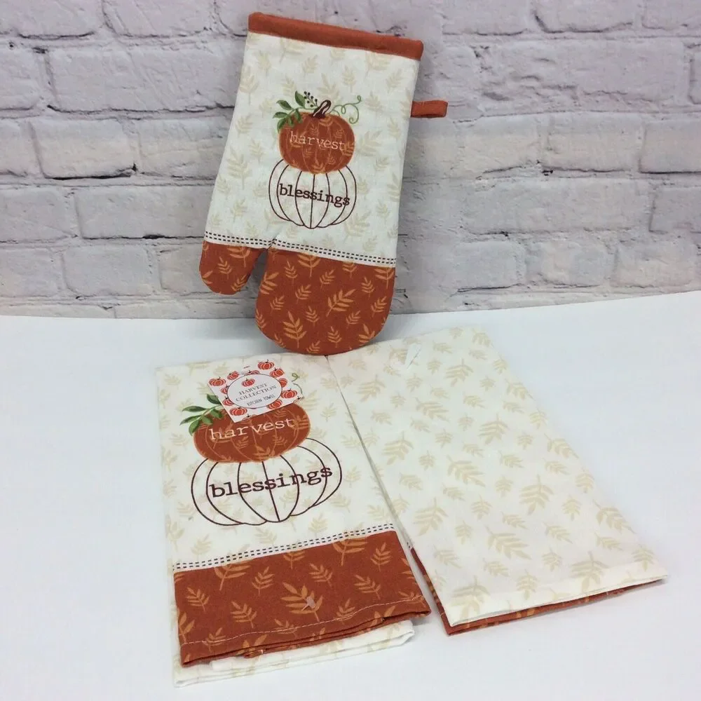 Fall Pumpkin 3 Pc Kitchen Set Harvest Blessings 2 Dish Towels/1 OvenMitt Autumn
